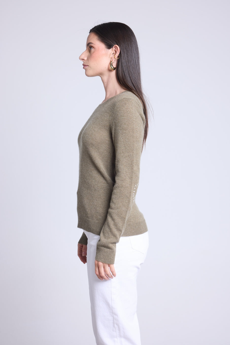 Rundhalsad tröja Hjärta med armbågslappar Stitch - Grön Khaki Vit - Dam - 100 % kashmir