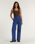 Ultramarine blue cotton jeans with straight cut and high waist, offering a comfortable fit and a silhouette suitable for all body shapes.