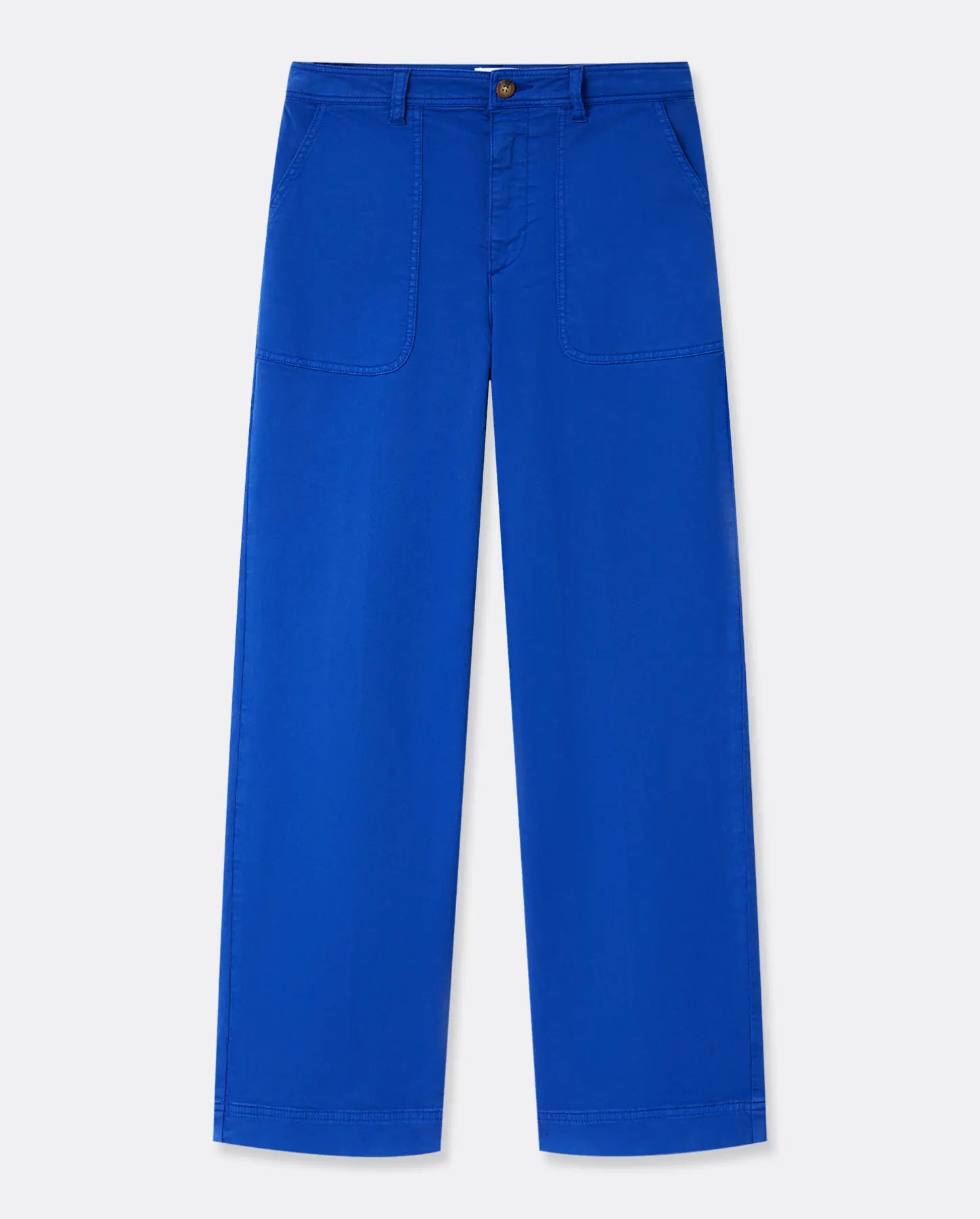 Women's pants in ultramarine blue cotton, straight and comfortable cut, with square front pockets and fitted waist to adapt to all body shapes.