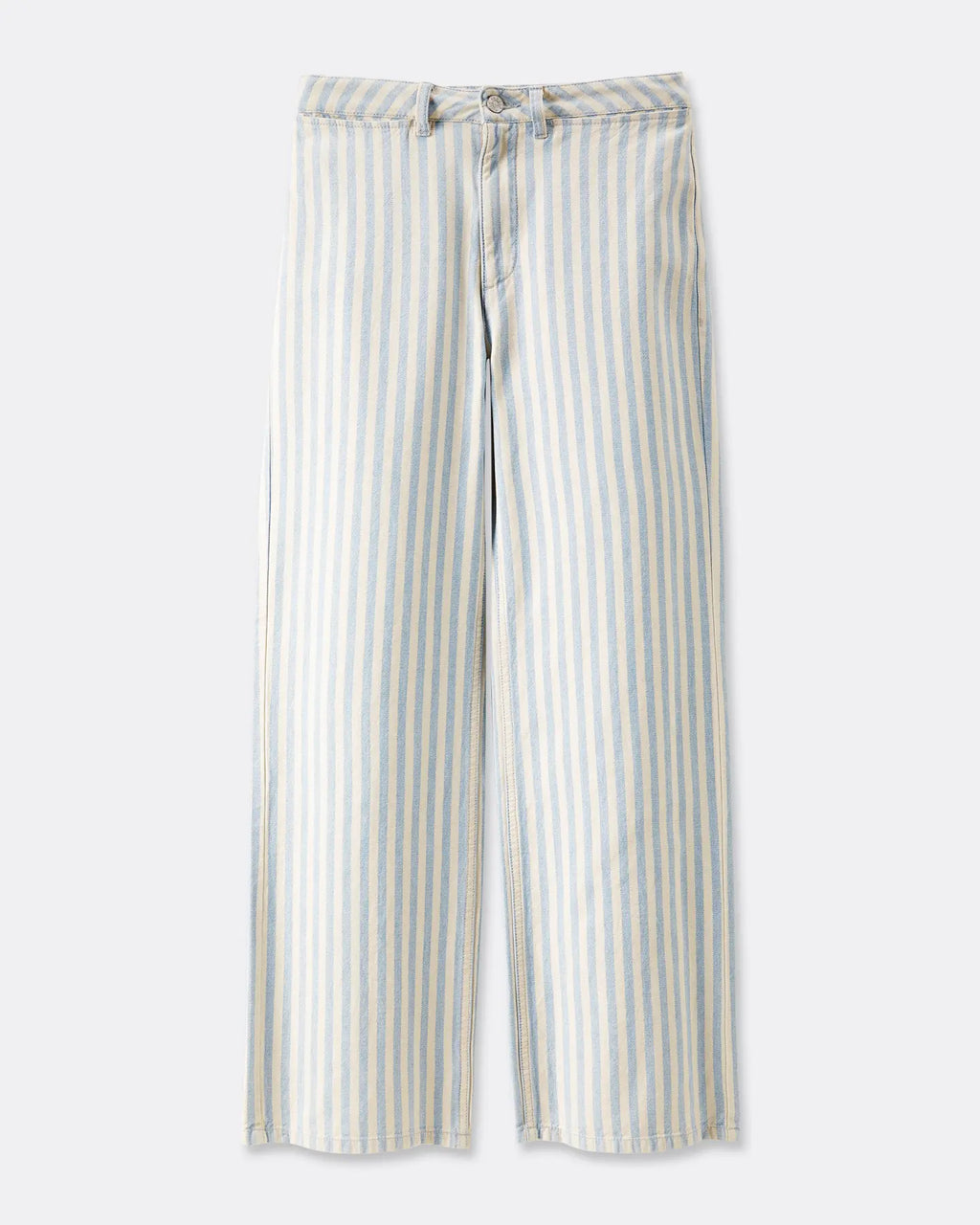Jean femme en denim 100% coton avec rayures verticales beiges et bleues, coupe droite et confortable adaptée à toutes les morphologies.
