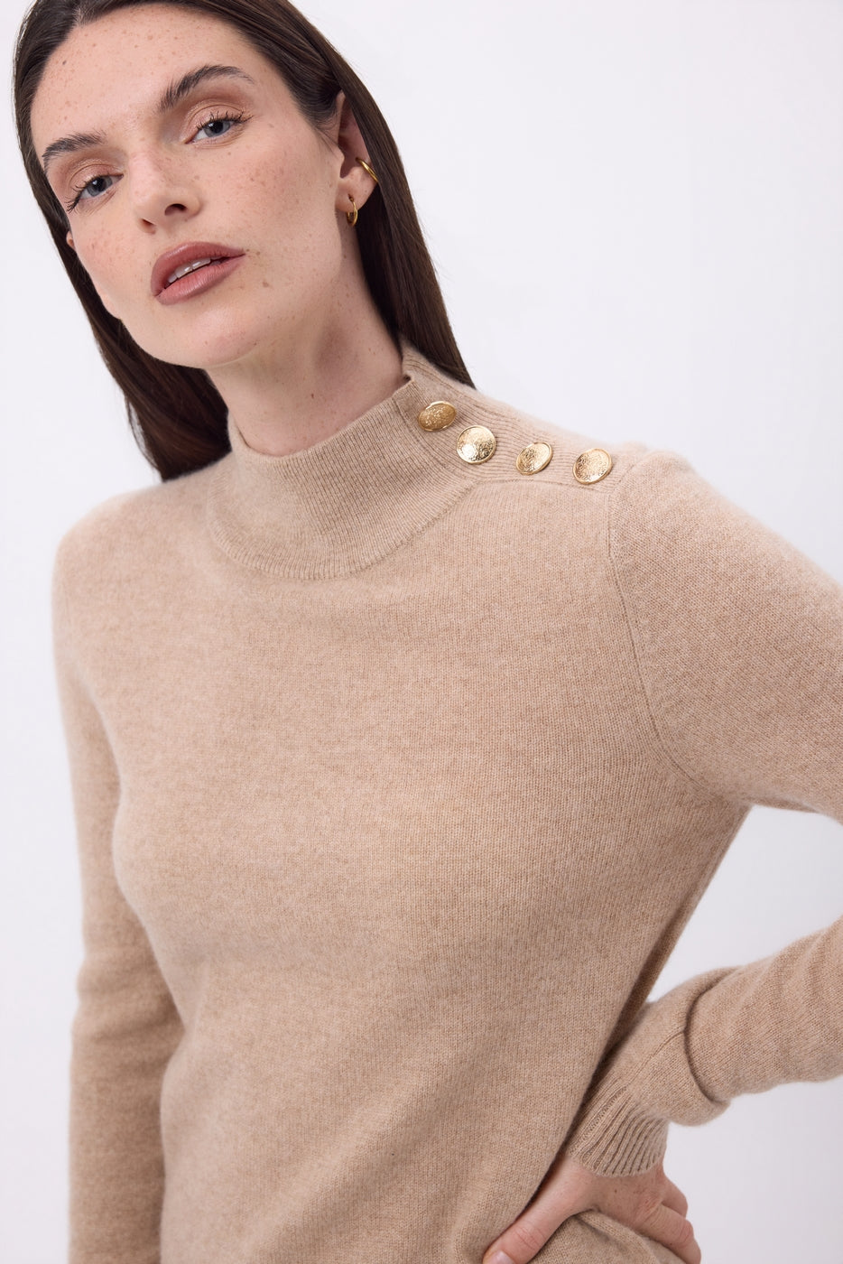 Stehkragenpullover Goldene Knöpfe Swan - Cremebeige - Damen - 100% Kaschmir