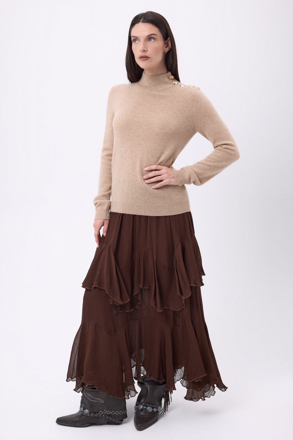 Stehkragenpullover Goldene Knöpfe Swan - Cremebeige - Damen - 100% Kaschmir