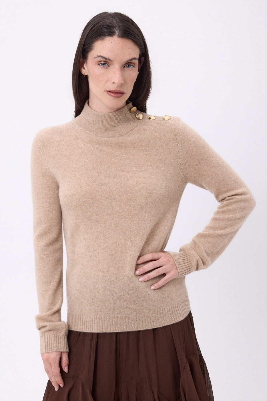 Stehkragenpullover Goldene Knöpfe Swan - Cremebeige - Damen - 100% Kaschmir