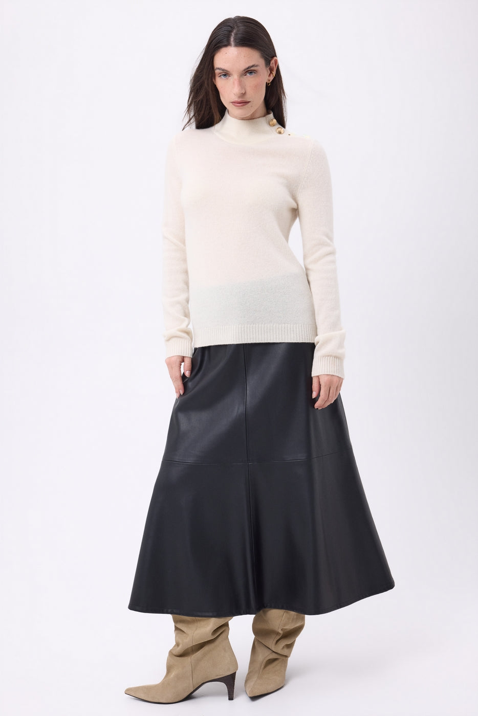 Pull Col Montant Boutons Dorés Swan - Blanc - Femme - 100% Cachemire