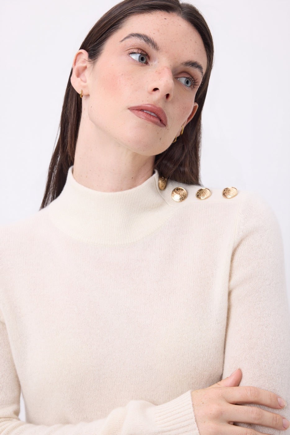 Pull Col Montant Boutons Dorés Swan - Blanc - Femme - 100% Cachemire