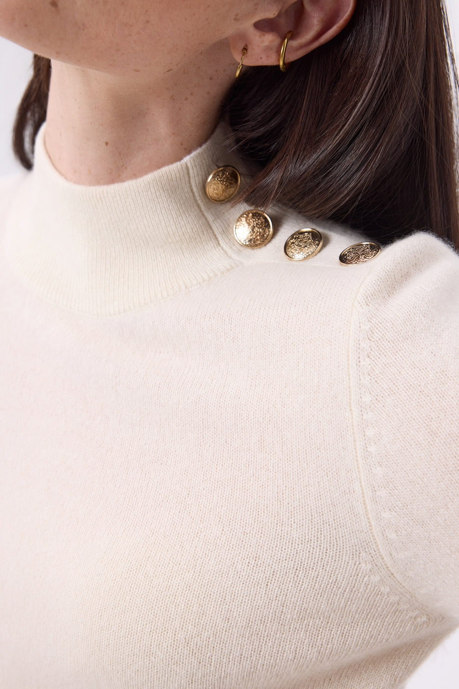 Pull Col Montant Boutons Dorés Swan - Blanc - Femme - 100% Cachemire