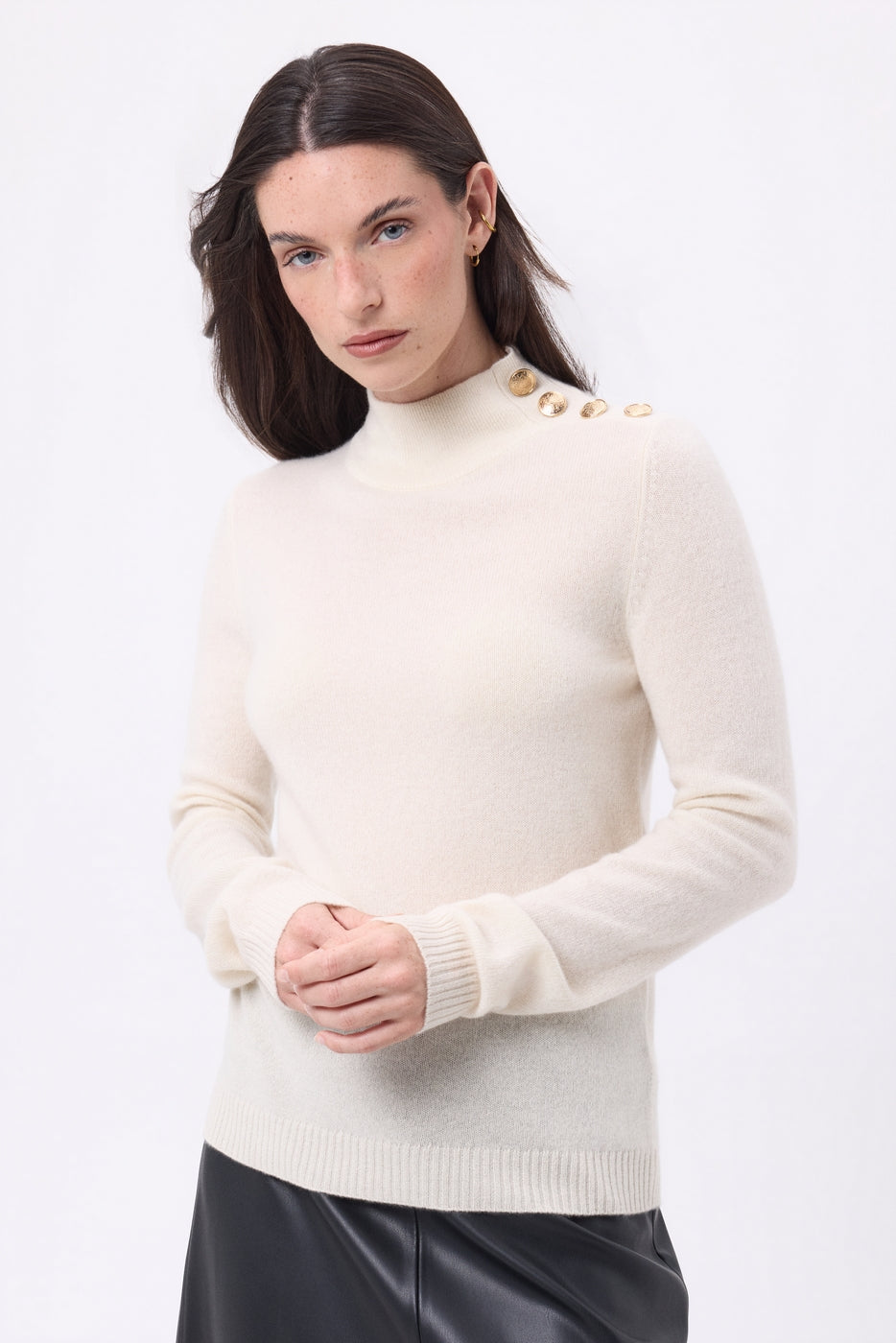 Pull Col Montant Boutons Dorés Swan - Blanc - Femme - 100% Cachemire