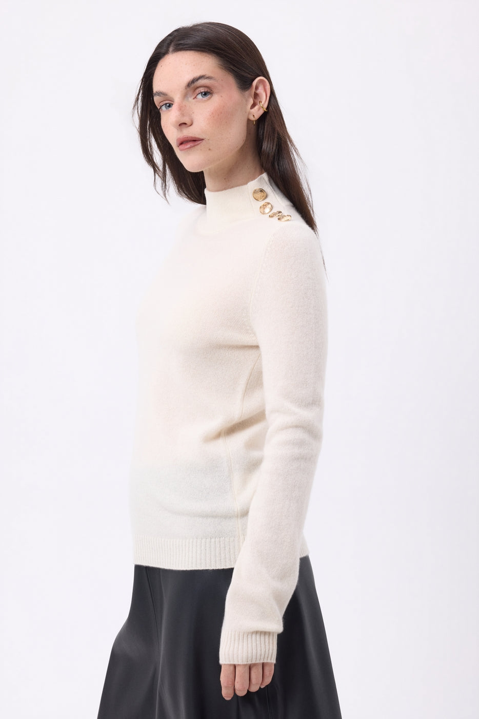 Pull Col Montant Boutons Dorés Swan - Blanc - Femme - 100% Cachemire