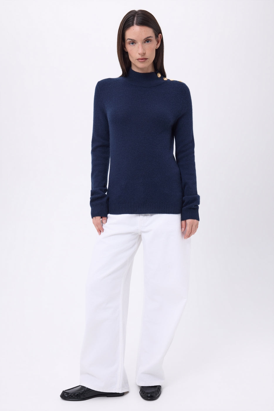 Pull Col Montant Boutons Dorés Swan - Bleu Marine - Femme - 100% Cachemire