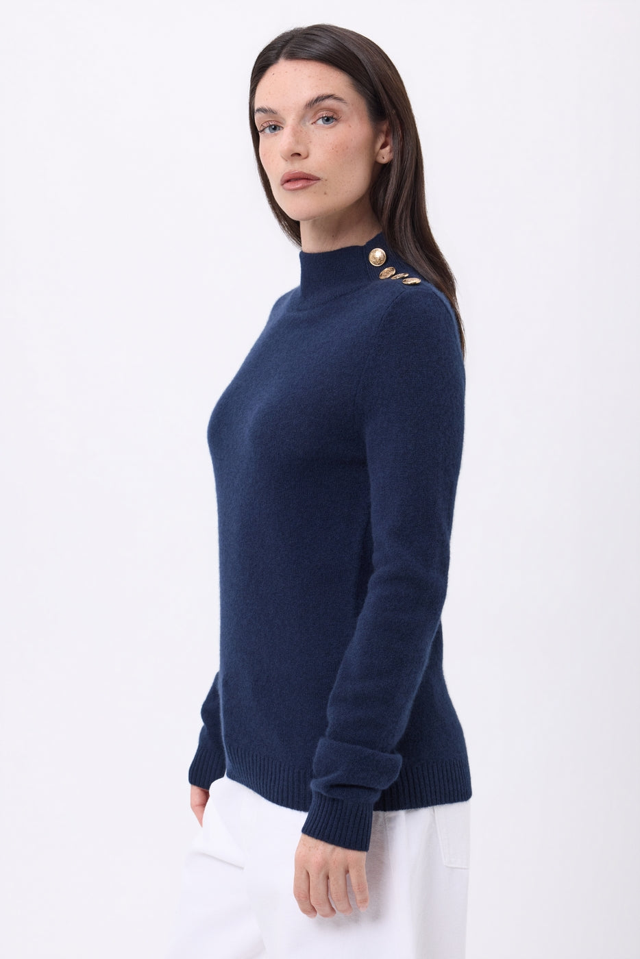 Pull Col Montant Boutons Dorés Swan - Bleu Marine - Femme - 100% Cachemire