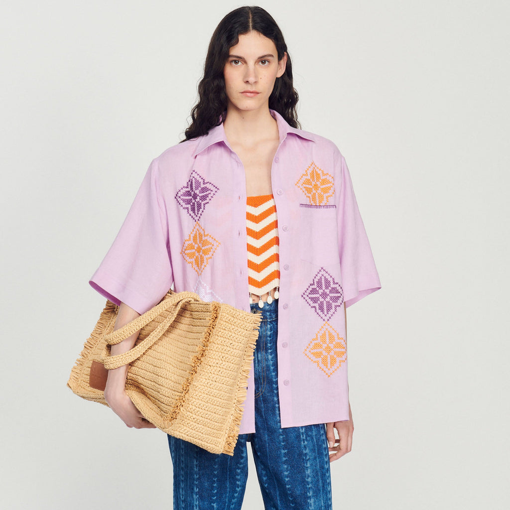 Sandro - Camisa oversize de lino bordada