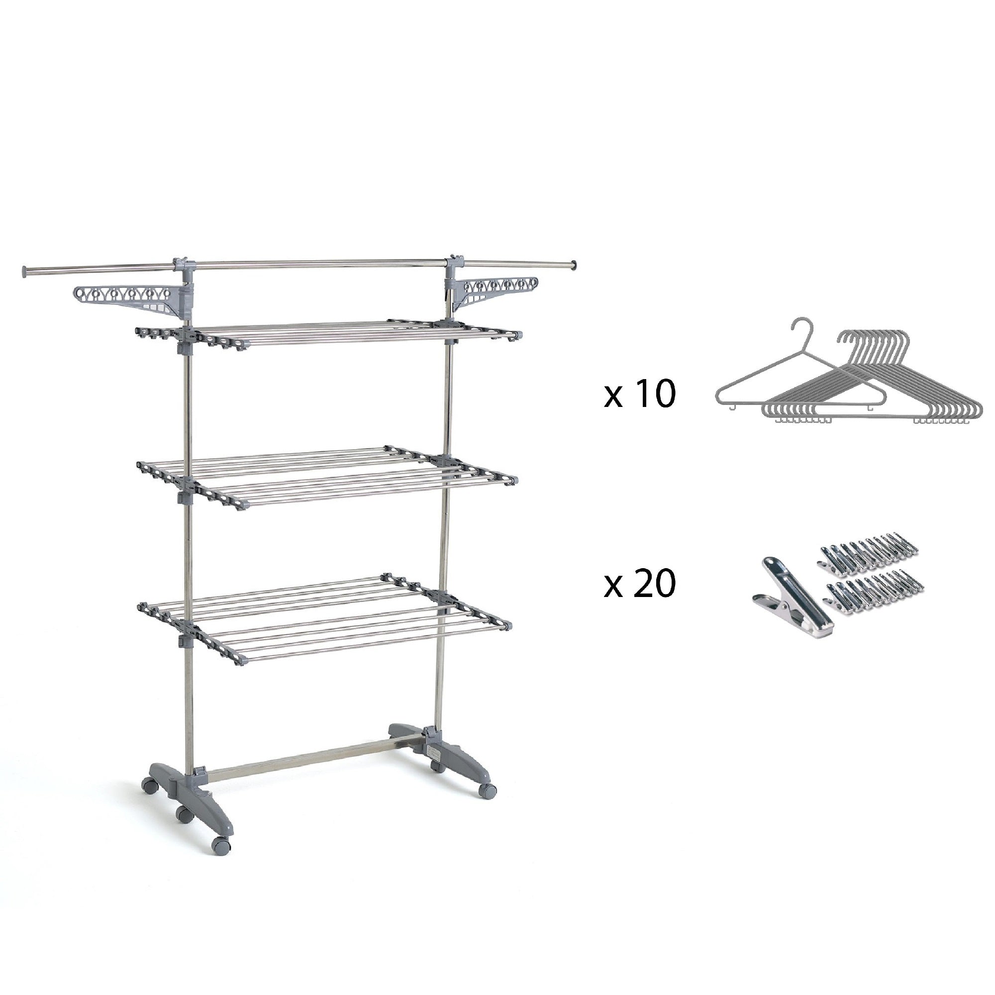Tendedero multifunción EXTRA 25M con 30 accesorios 3 niveles Gris y Acero Inoxidable - REDDECO.com
