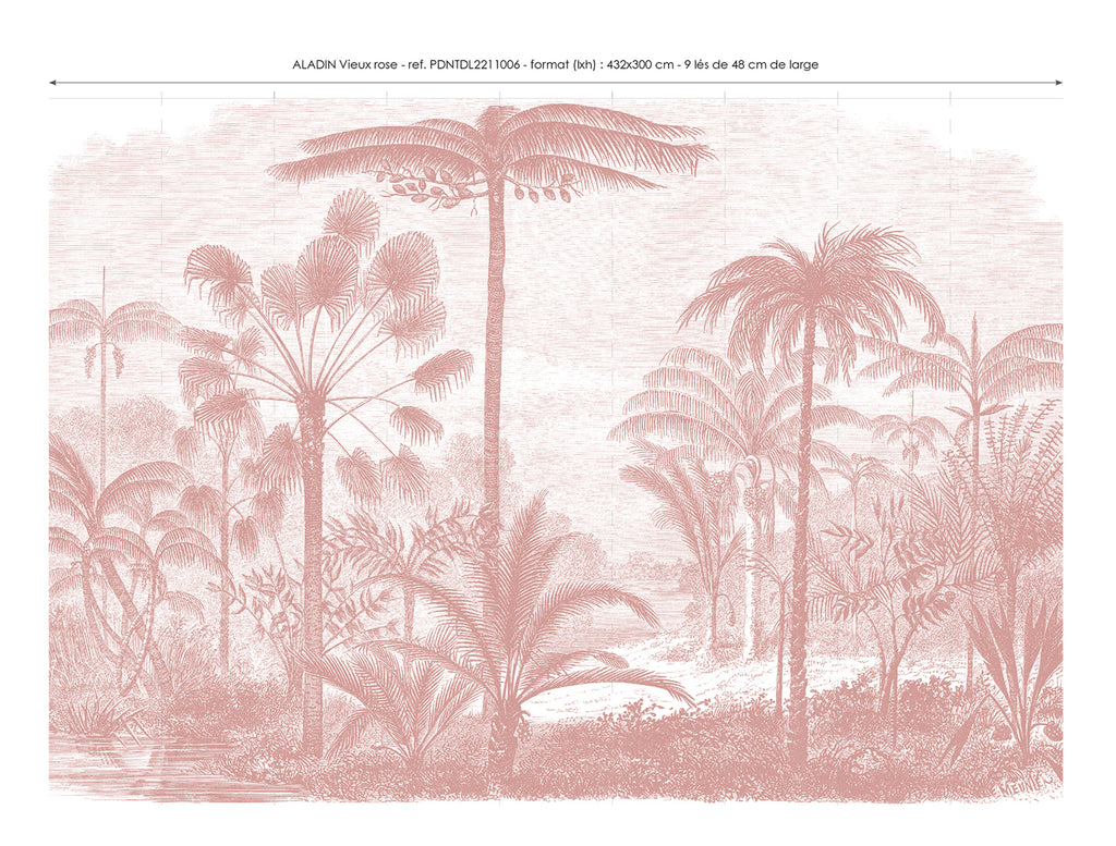 Lé Papiers De Ninon – Aladin Panoramic Wallpaper - Dusty Pink, pink wallpaper with palm trees and tropical plants