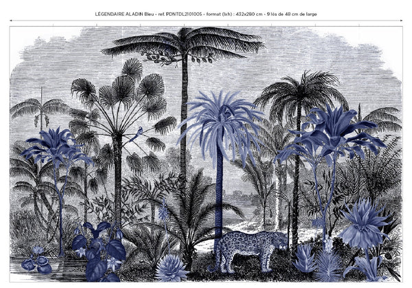Lé Papiers De Ninon – Légendaire Aladin Panoramic Wallpaper - Cobalt, wallpaper featuring palm trees and a leopard