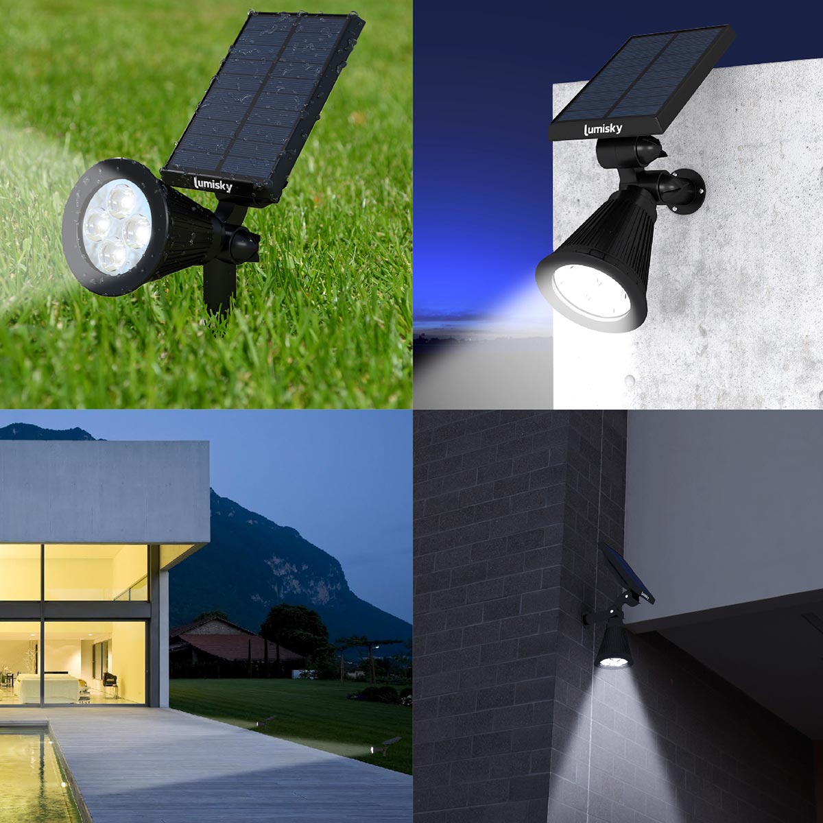2-in-1 solar spotlight stake or wall-mount dimmable LED white SPIKY W34 H42cm - REDDECO.com