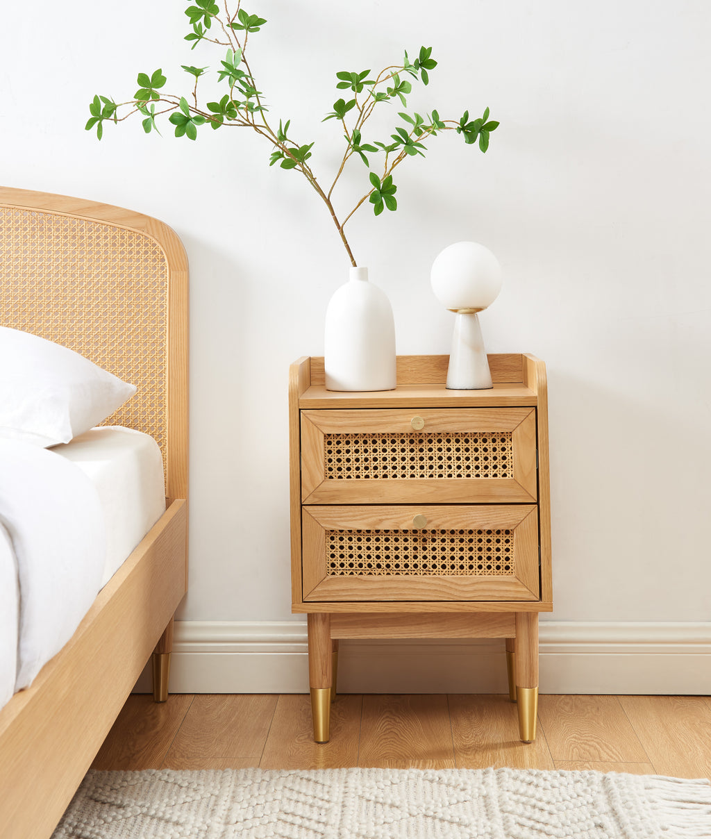 Leon - Bedside Table - Oak Veneer And Rattan Canework