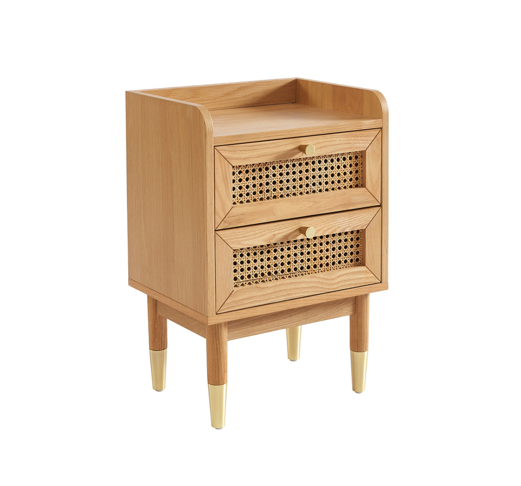 Leon - Bedside Table - Oak Veneer And Rattan Canework