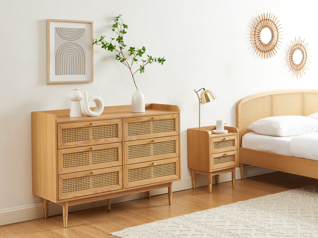 Leon - Bedside Table - Oak Veneer And Rattan Canework