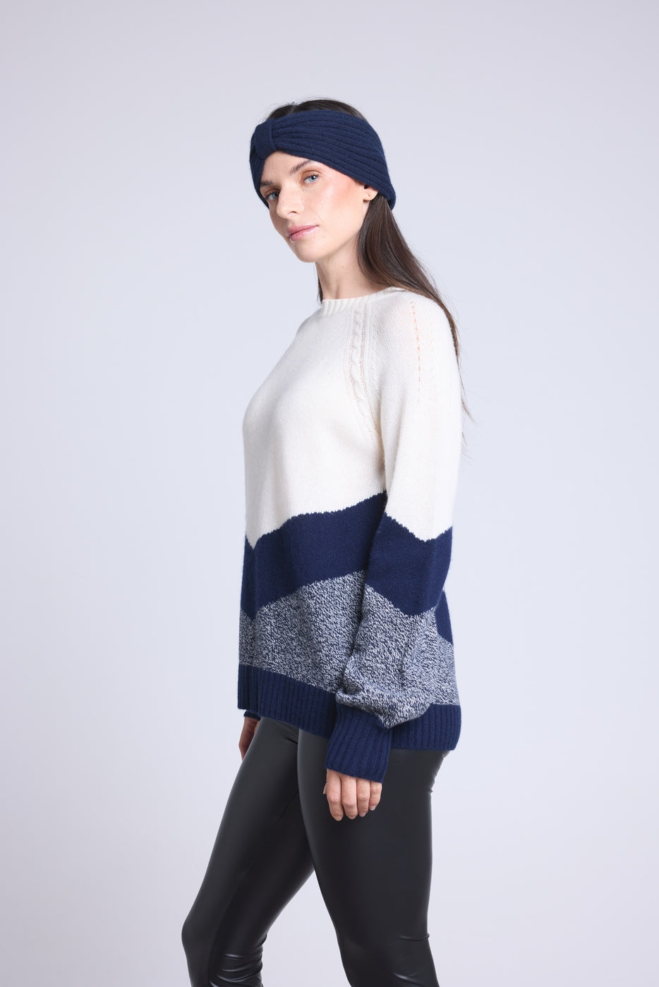 Colorblock Strik Teresa - Marineblå Og Hvid - Dame - Kashmir Og Uld