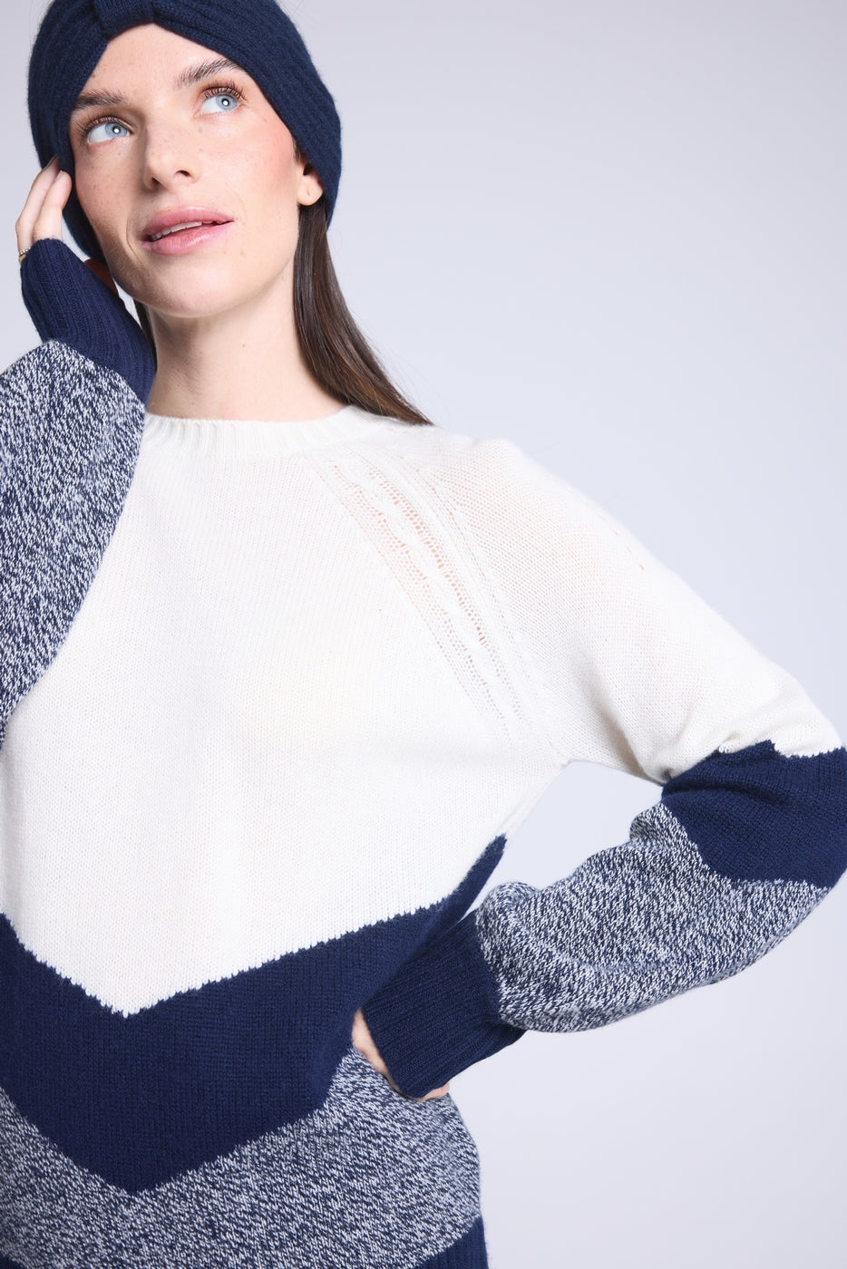 Colorblock Strik Teresa - Marineblå Og Hvid - Dame - Kashmir Og Uld