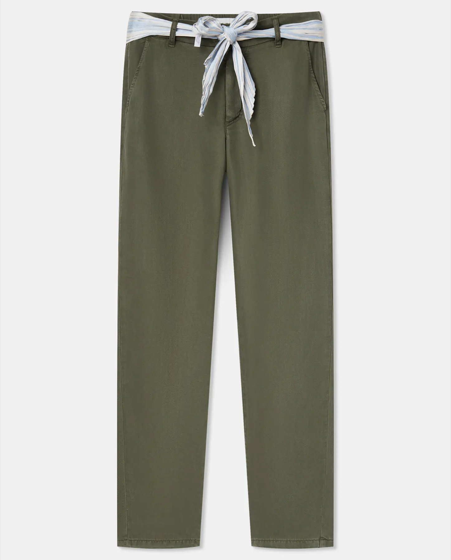 Women's pants in khaki Tencel fabric, straight and fitted cut, with striped knotted belt for a casual and elegant style, ideal for summer.