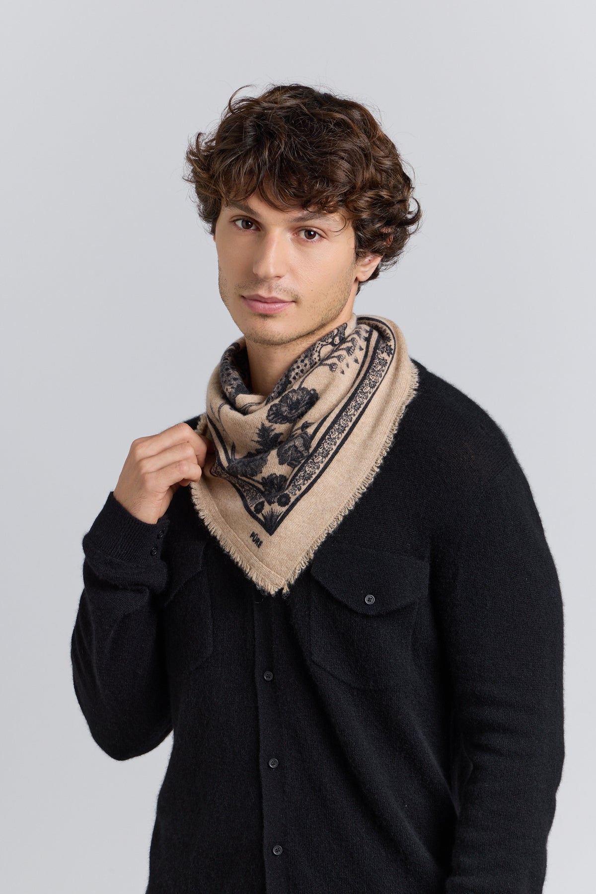 Sciarpa Bandana Tiger In Cashmere - Ecoland Beige & Nero - Unisex - 100% Cashmere