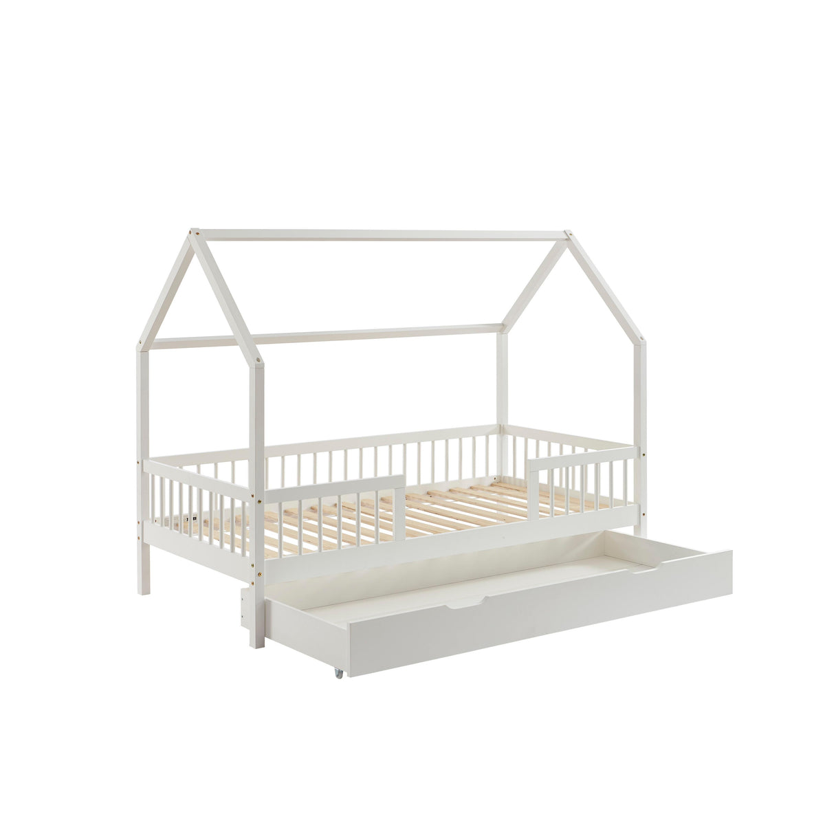 Tiny - Łóżko Domek Z Barierkami - Lity Sosnowy Biały