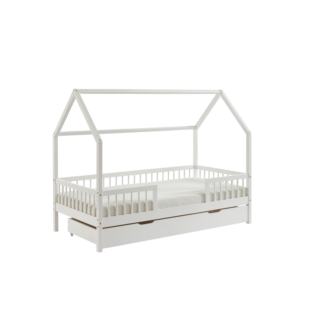 Tiny - Łóżko Domek Z Barierkami - Lity Sosnowy Biały