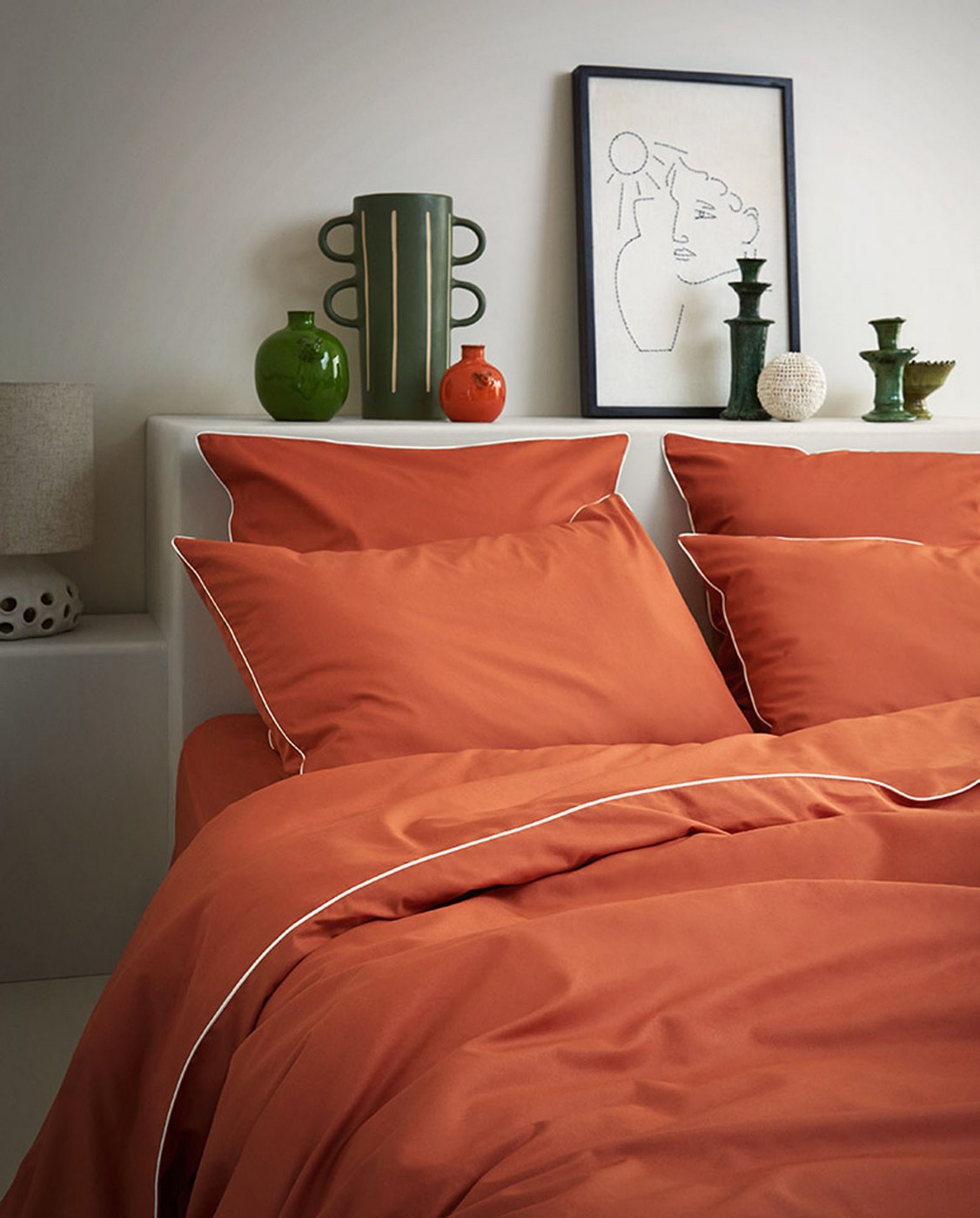 Ett par örngott - Bomullsperkale - Terracotta med vit kantrand