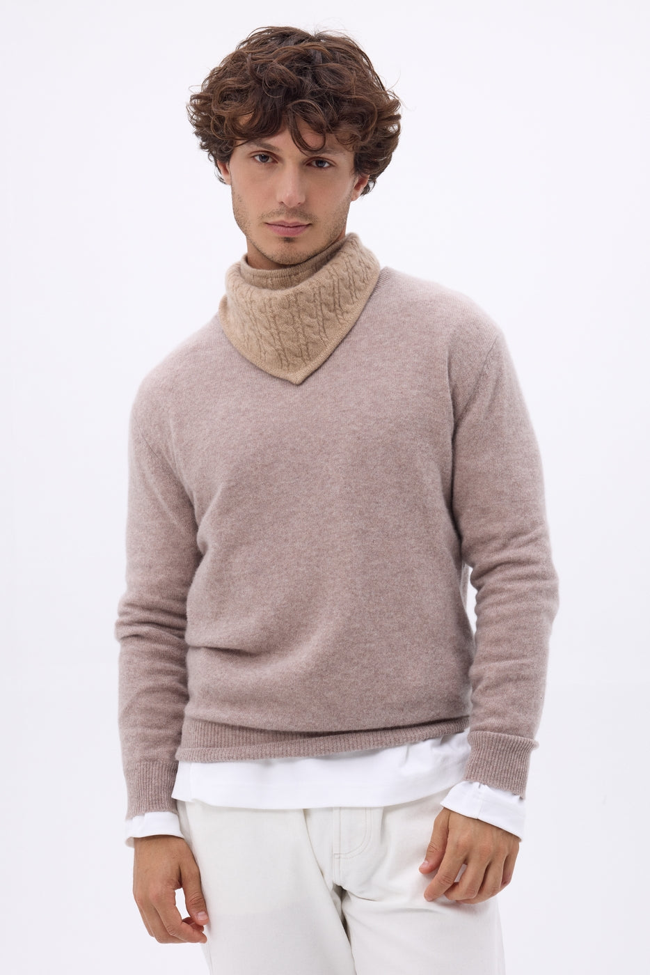 Sciarpa Triangolo con Trecce Tory - Beige Crema - Uomo - 100% Cashmere