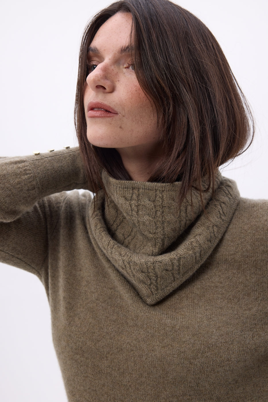 Sciarpa Triangolare a Trecce Tory - Kaki Melange - Donna - 100% Cashmere