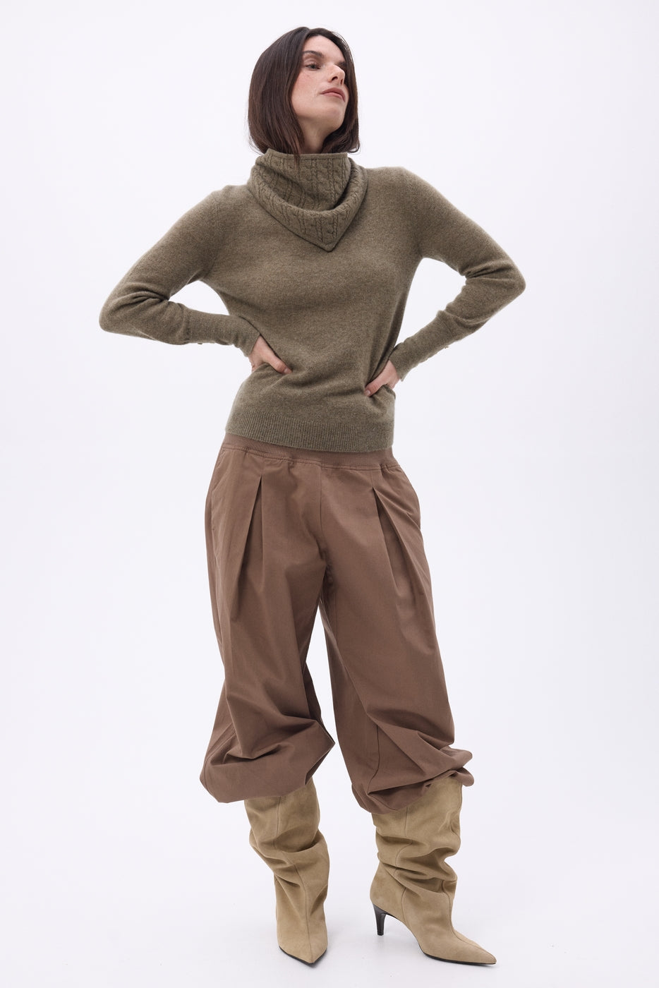 Sciarpa Triangolare a Trecce Tory - Kaki Melange - Donna - 100% Cashmere