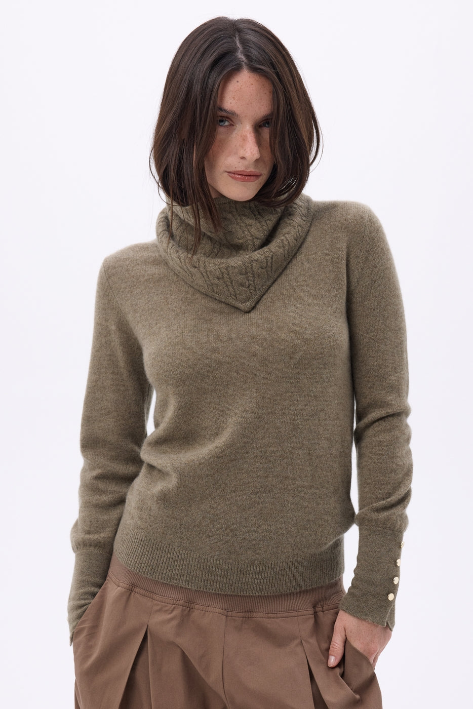 Sciarpa Triangolare a Trecce Tory - Kaki Melange - Donna - 100% Cashmere