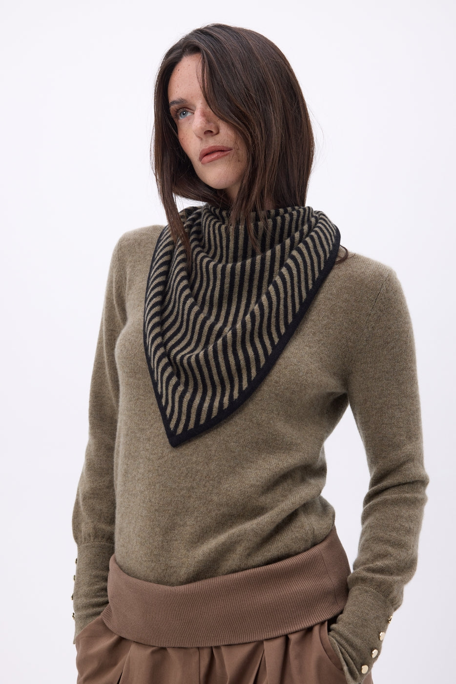 Bandana Triangle Rayé - Khaki Chine Noir - Femme - 100% Cachemire