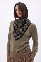 Bandana Triangle Rayé - Khaki Chine Noir - Femme - 100% Cachemire