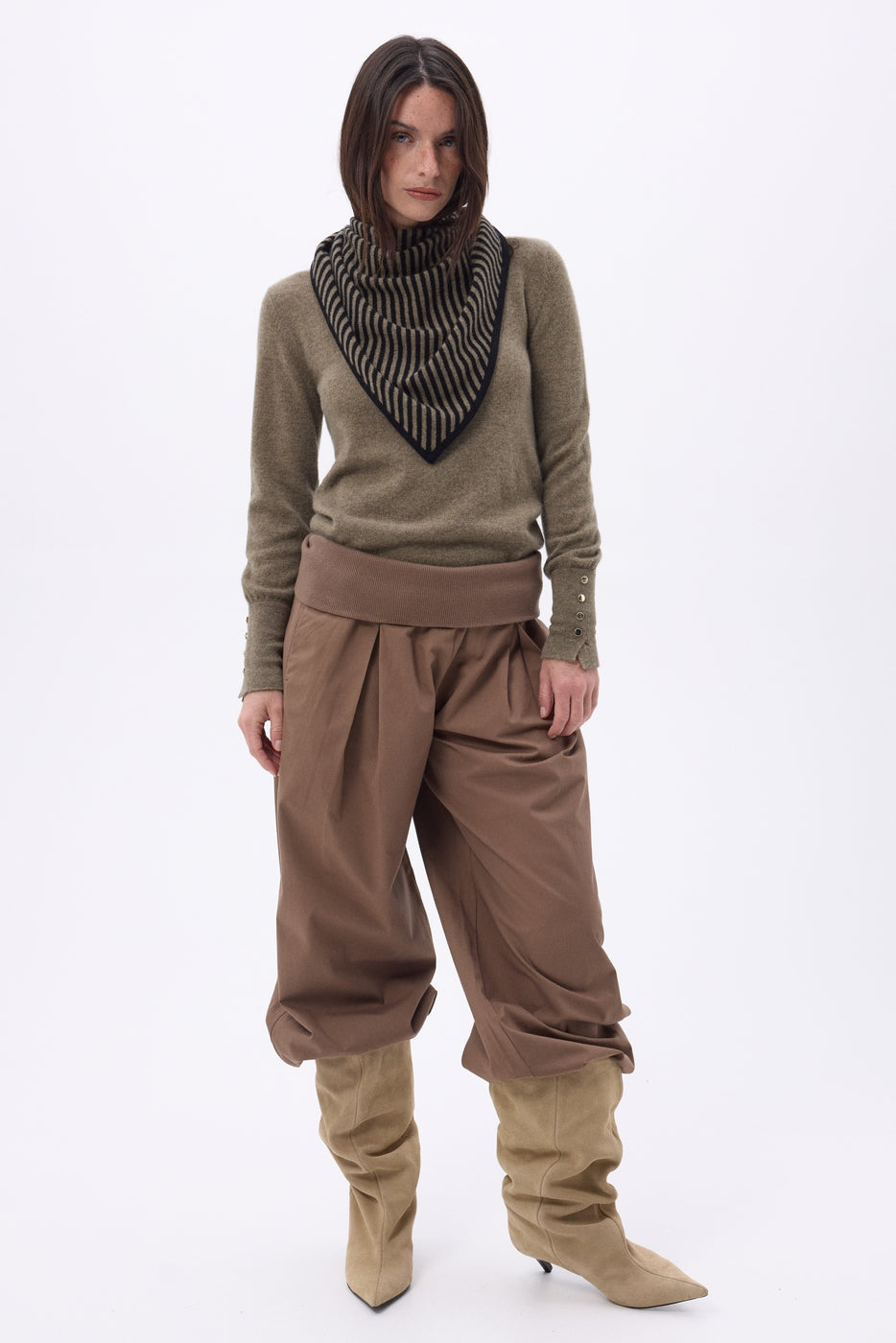 Bandana Triangle Rayé - Khaki Chine Noir - Femme - 100% Cachemire