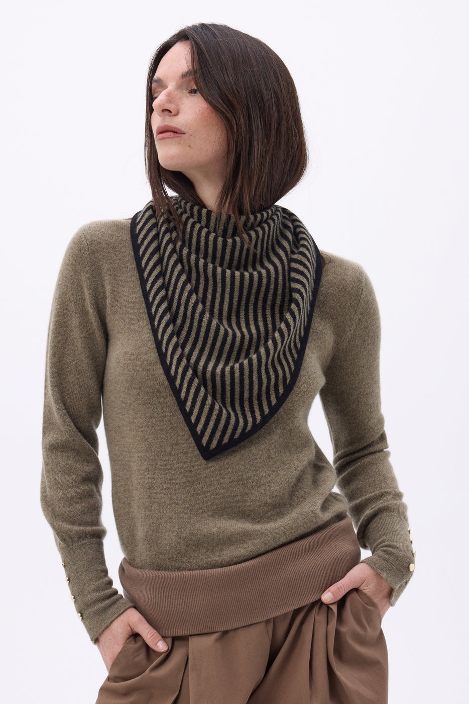 Bandana Triangle Rayé - Khaki Chine Noir - Femme - 100% Cachemire
