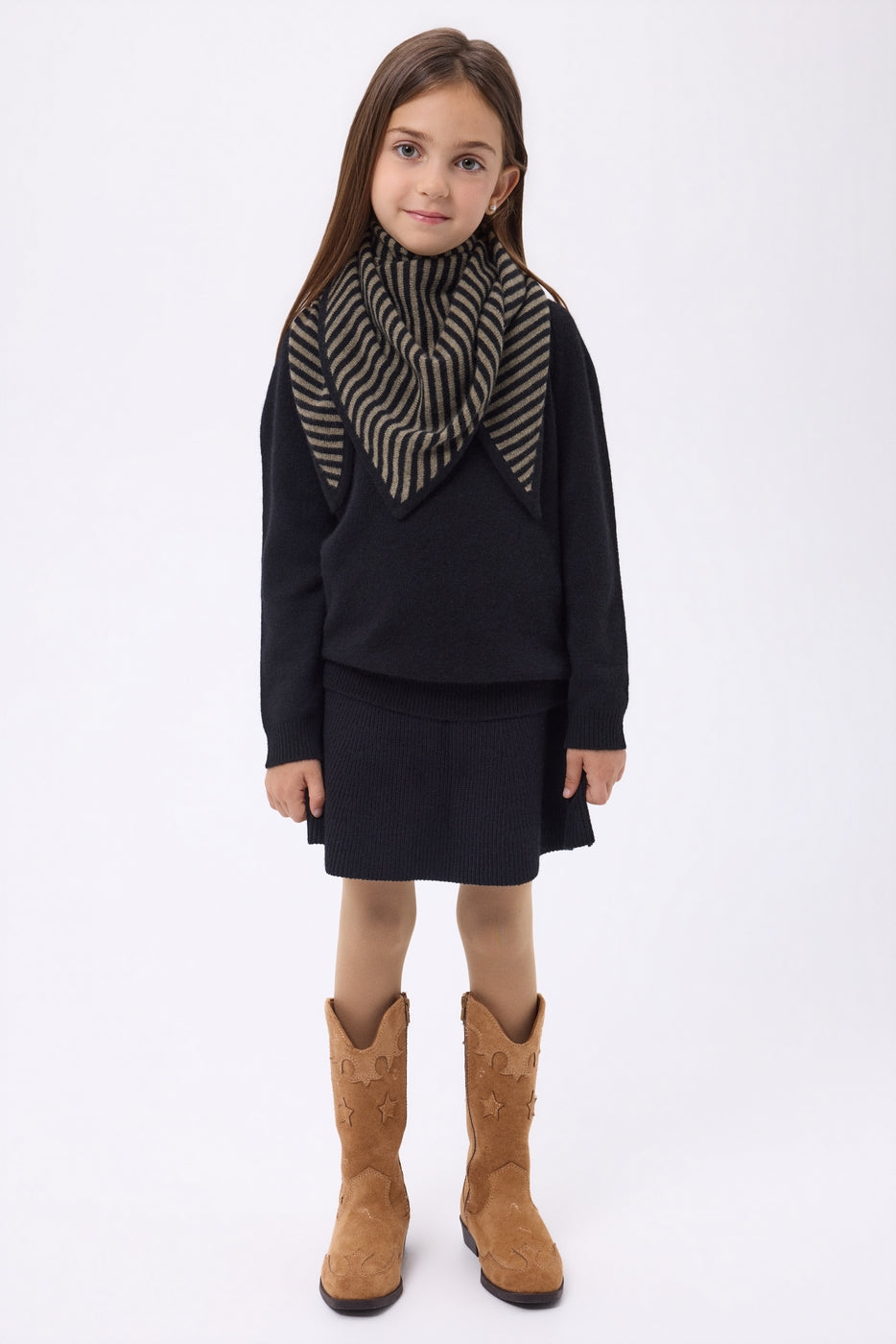 Bandana a Triangolo a Righe - Khaki Chiné Nero - Bambino - 100% Cashmere