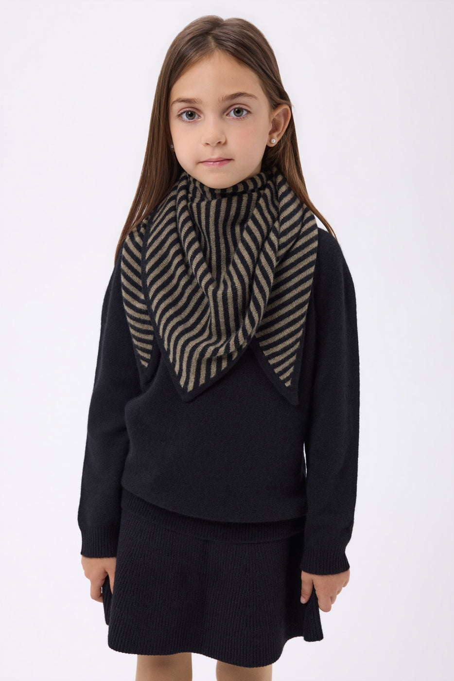 Bandana a Triangolo a Righe - Khaki Chiné Nero - Bambino - 100% Cashmere