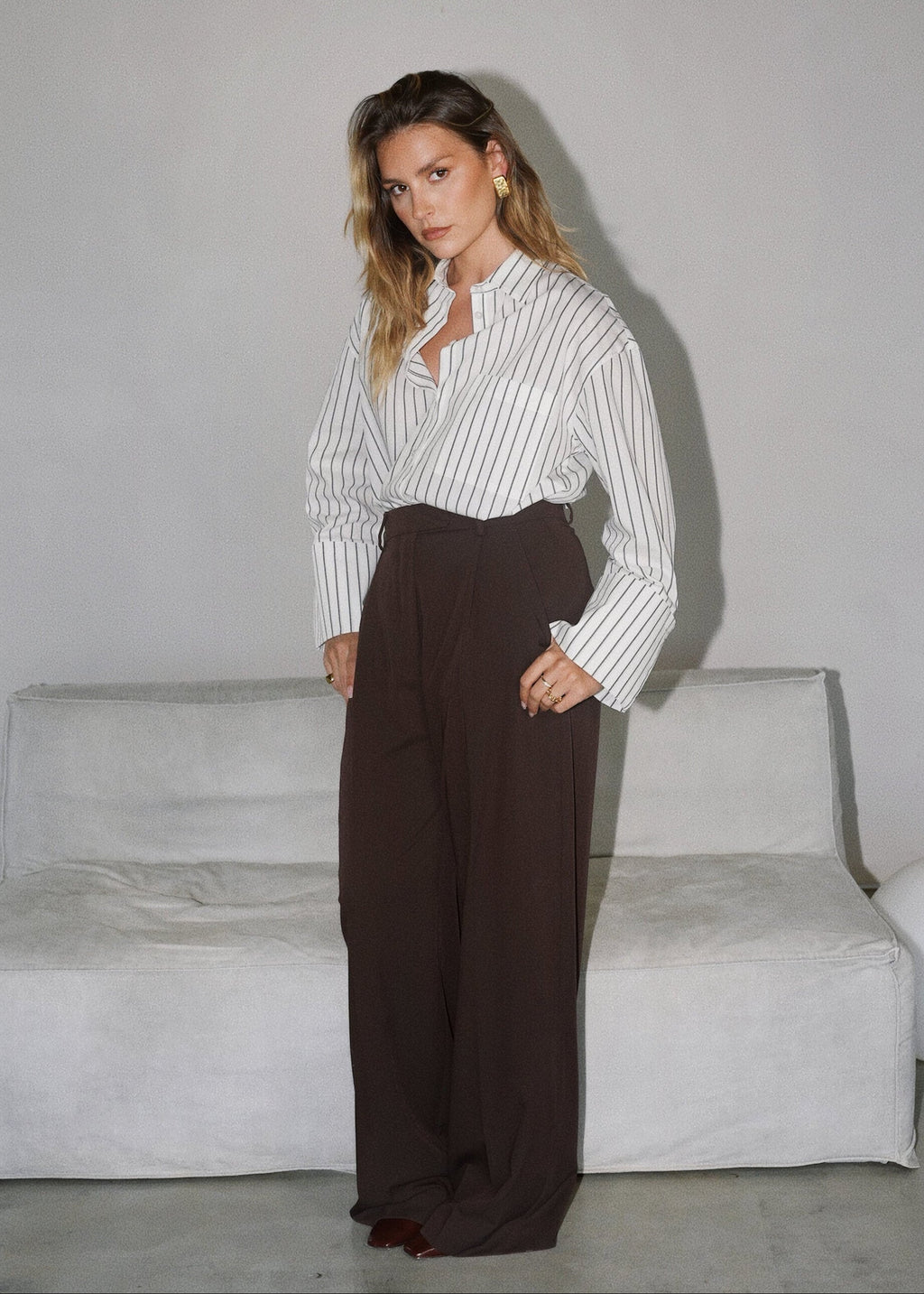 Camicia Gia Wide Cuff Cotton - White & Brown
