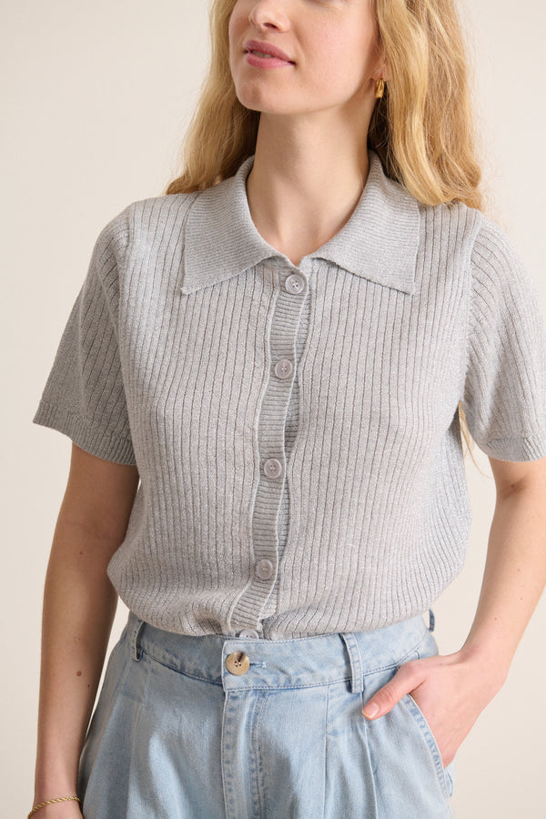 Short-sleeved knit top with buttoned fastening collar and metallic thread knitting garance paris women's clothing