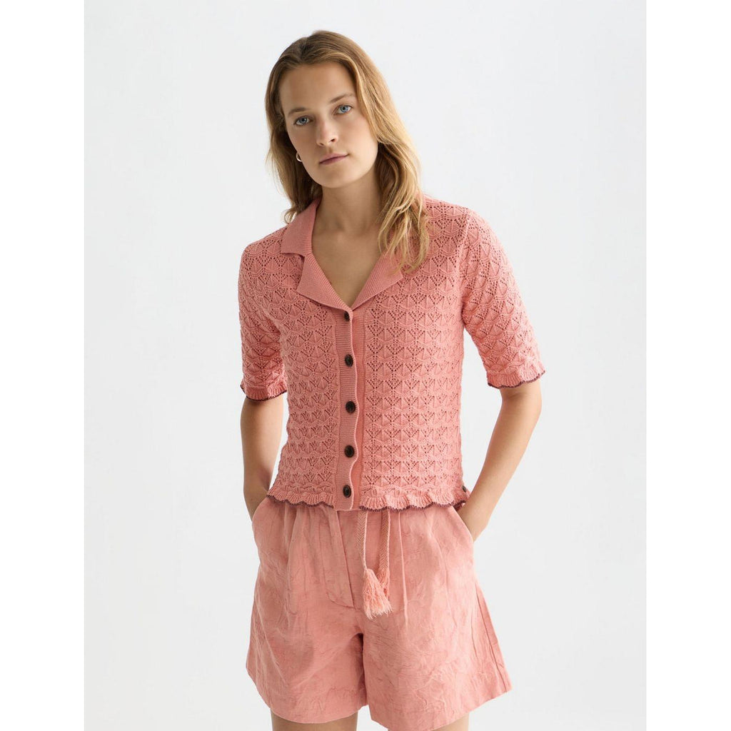 Short Sleeve Pointelle Cardigan - Canyon Clay