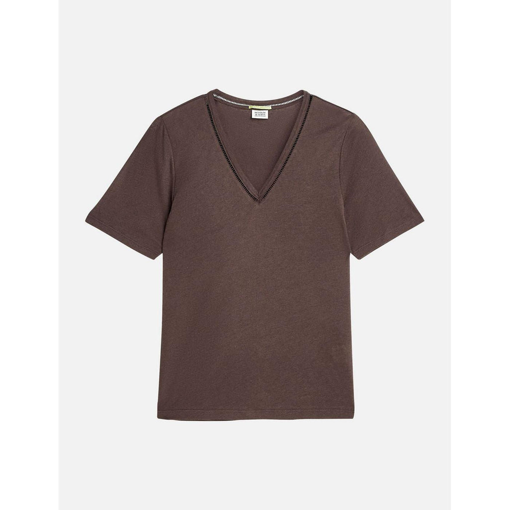 Linen V-Neck T-Shirt - Hot Fudge