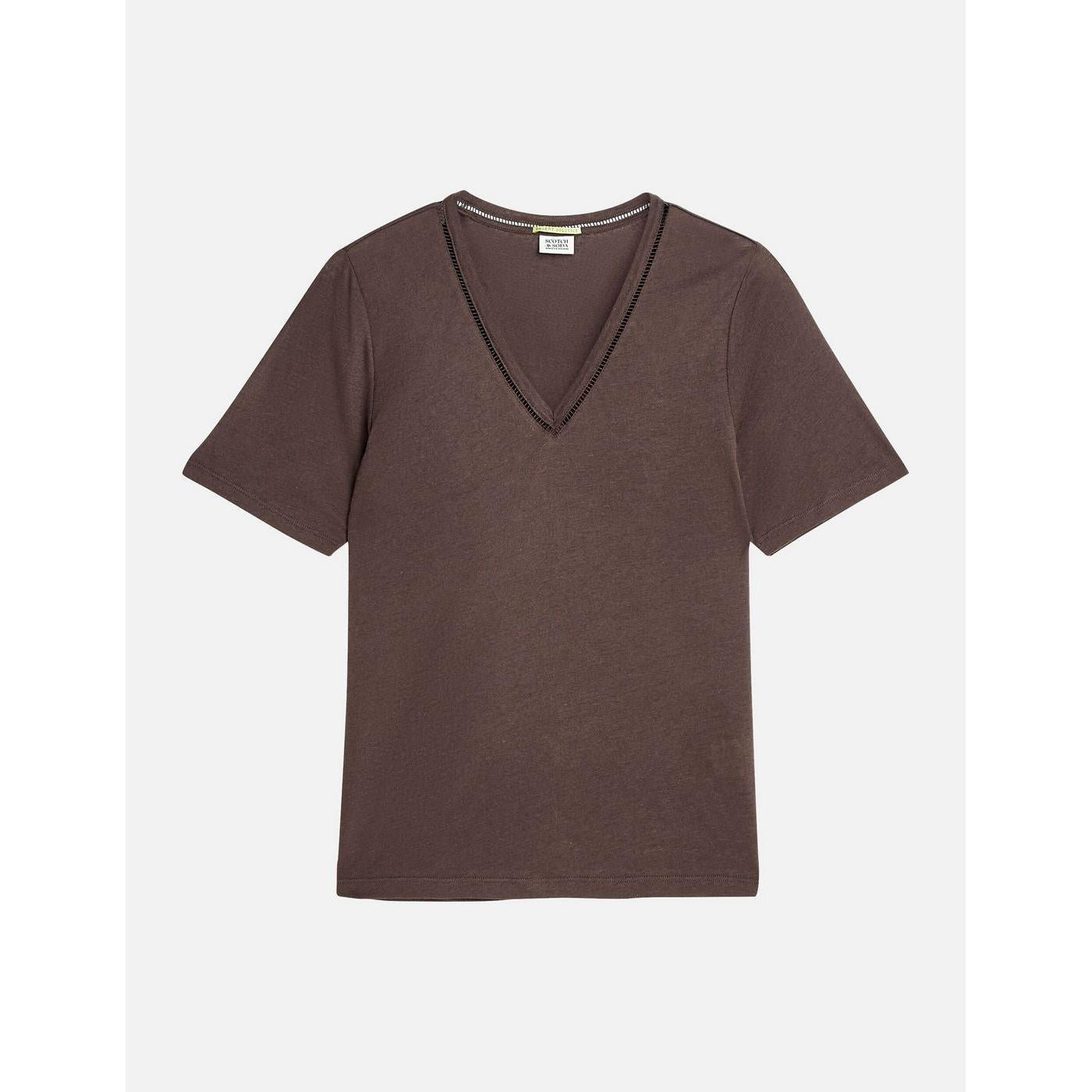 Linen V-Neck T-Shirt - Hot Fudge
