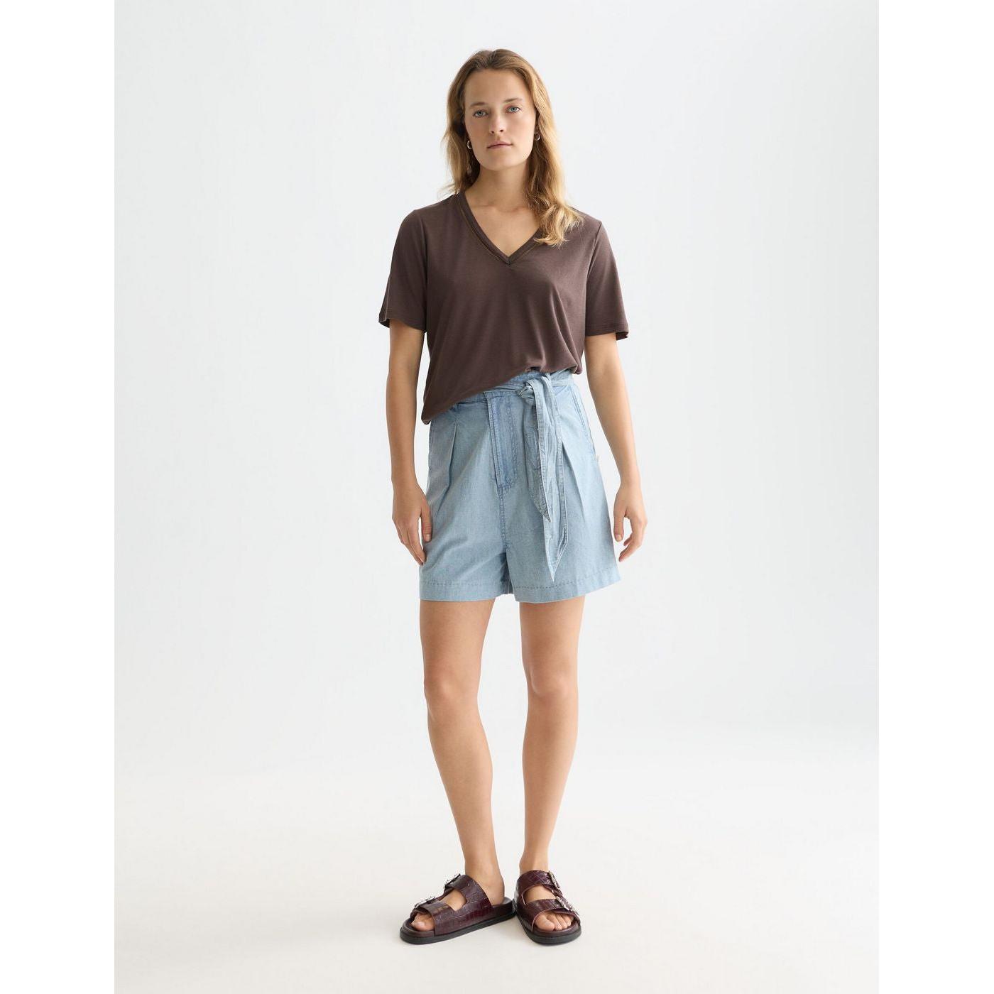 Linen V-Neck T-Shirt - Hot Fudge