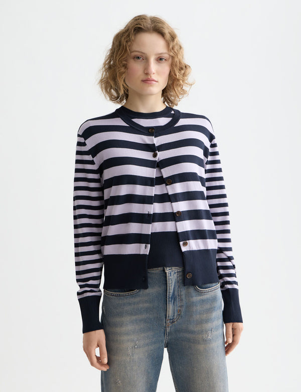 Cardigan med rund hals i afslappet pasform - Sky Captain/Lavendelstribet