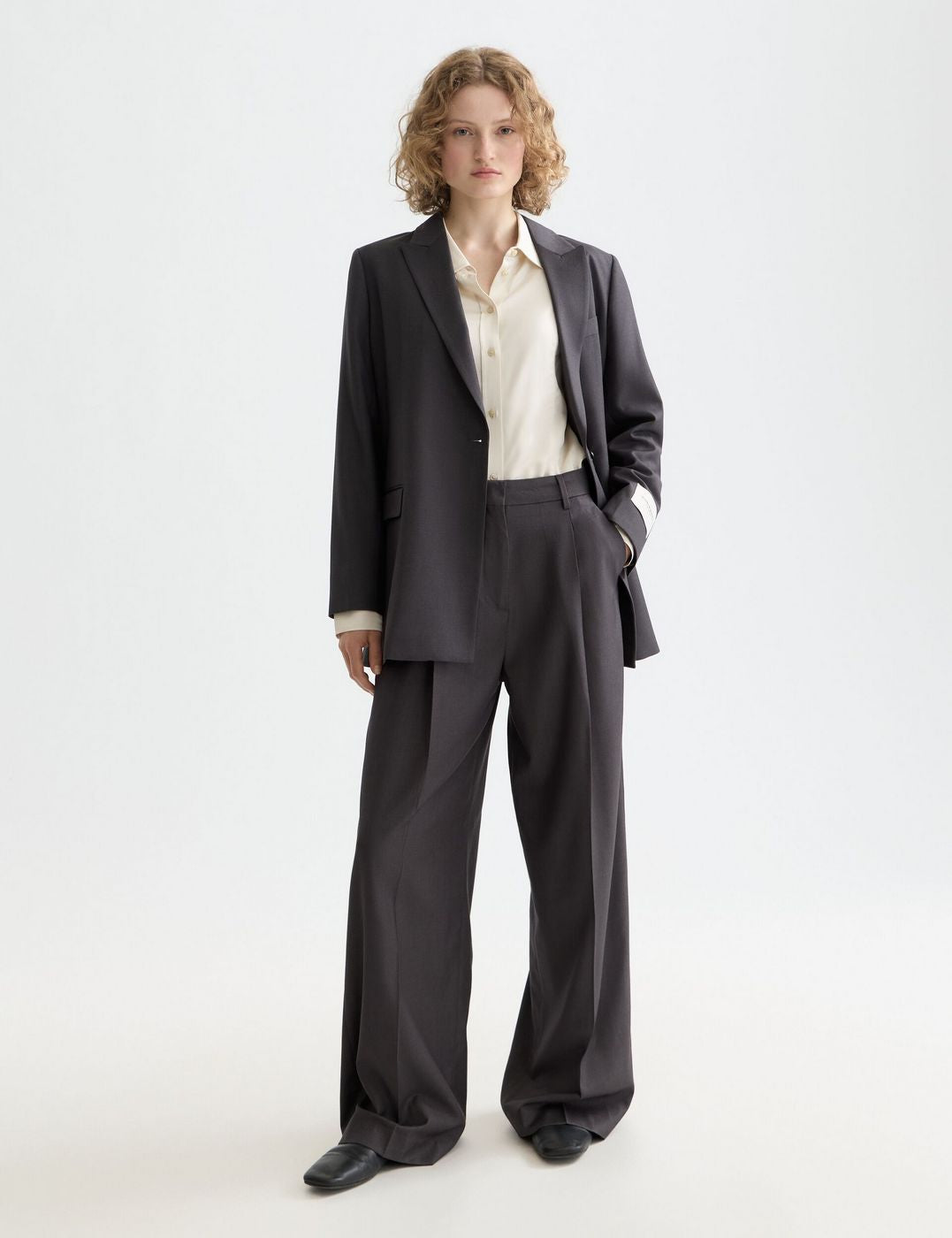 Blazer Core Double Breasted Wool Boyfriend With Belt - Charcoal Melange