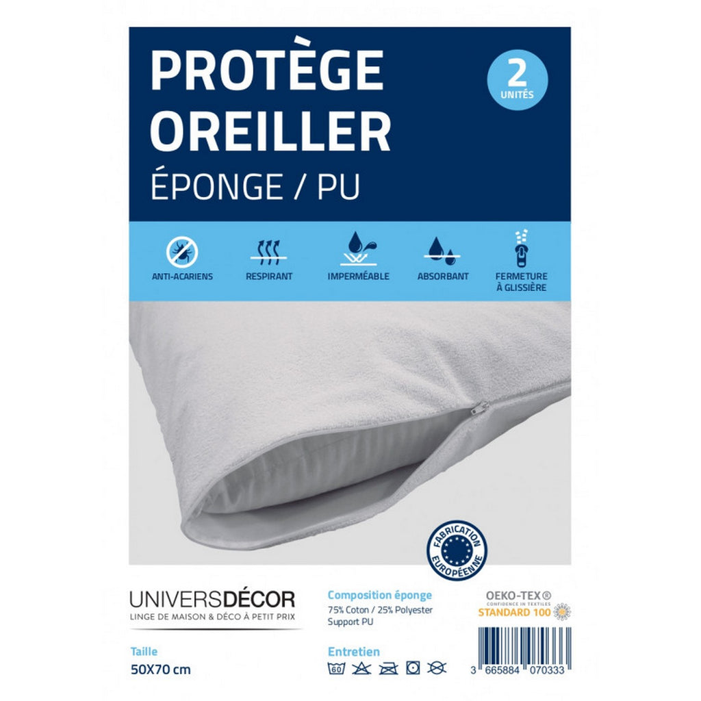 Set of 2 Pillow Protectors - Waterproof Anti-Mite Sponge - White