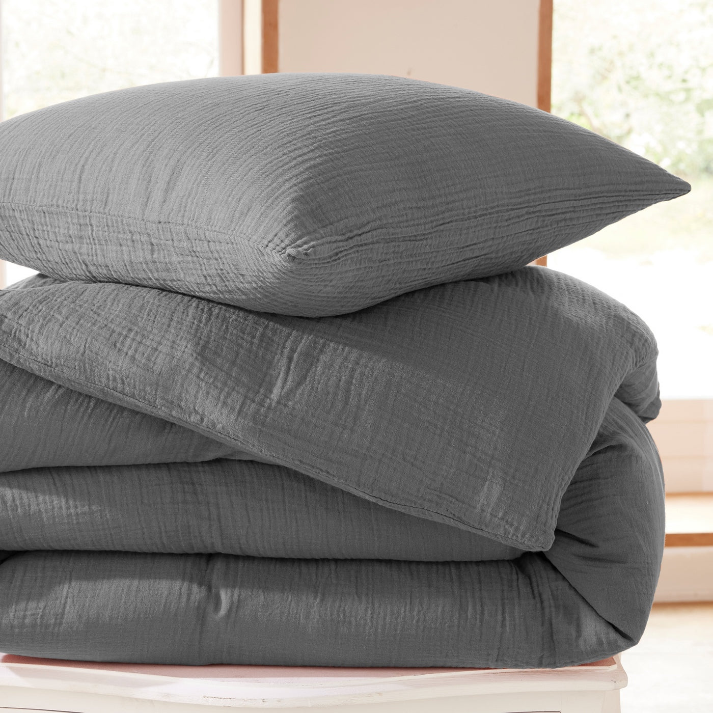 Duvet Set (Cover + Pillowcases) - 100% Cotton Gauze - Slate
