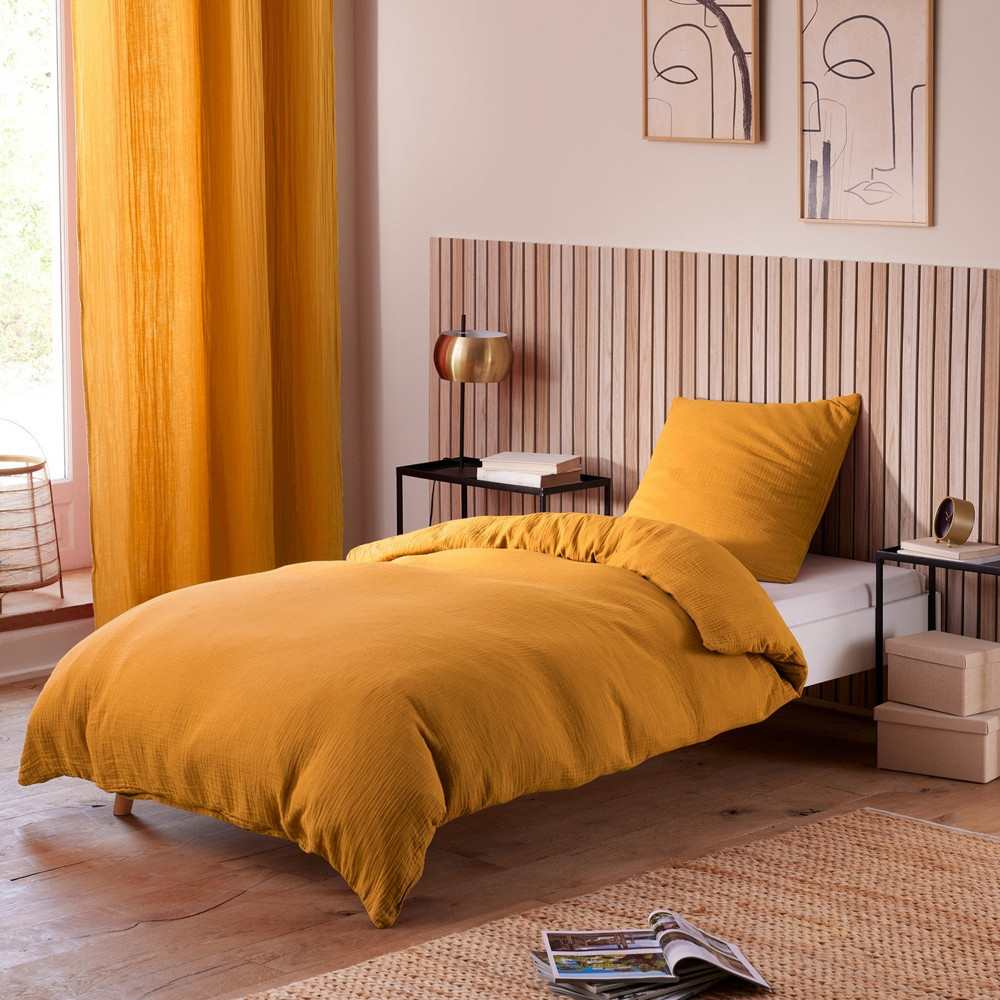 Parure De Couette (Housse + Taies D'Oreiller) - 100% Gaze De Coton - Curry